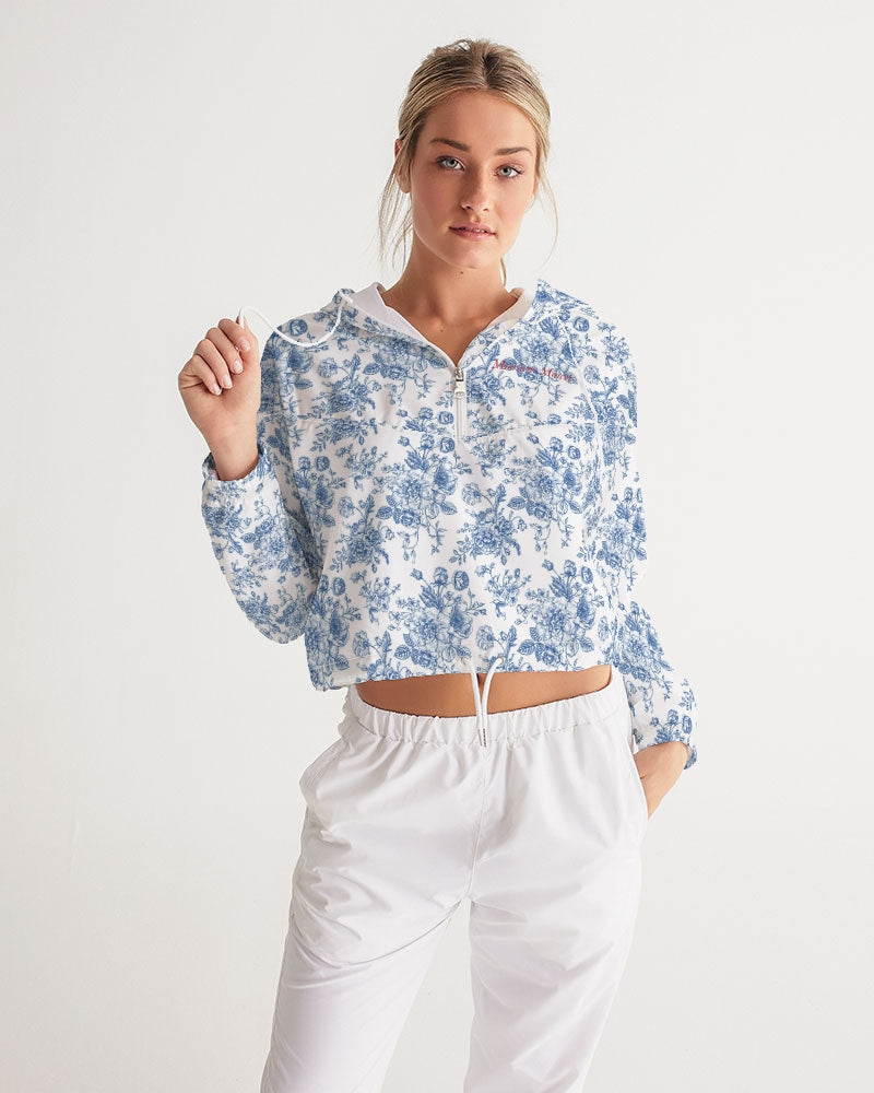 blue flowers Women's All-Over Print Cropped Windbreaker