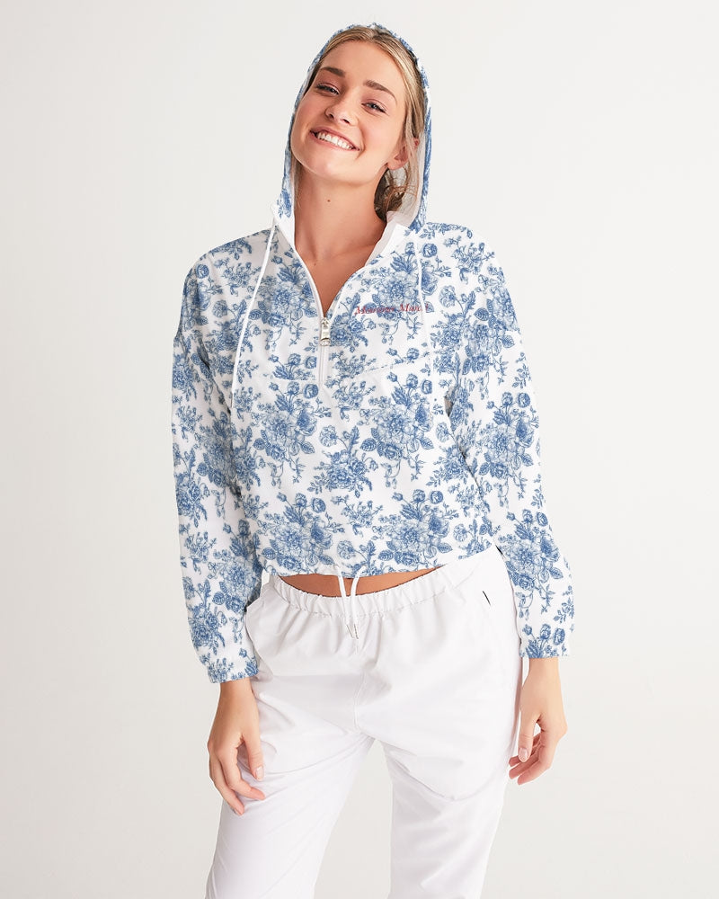 blue flowers Women's All-Over Print Cropped Windbreaker