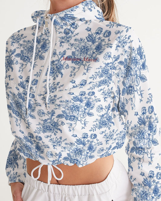blue flowers Women's All-Over Print Cropped Windbreaker